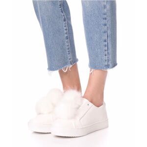 Sam Edelman Sneakers White Leya Leather Faux Fur Pom Pom Size 6